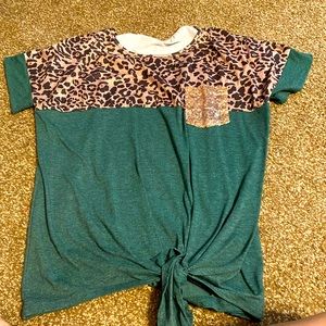 Leopard & green sequin pocket tie top